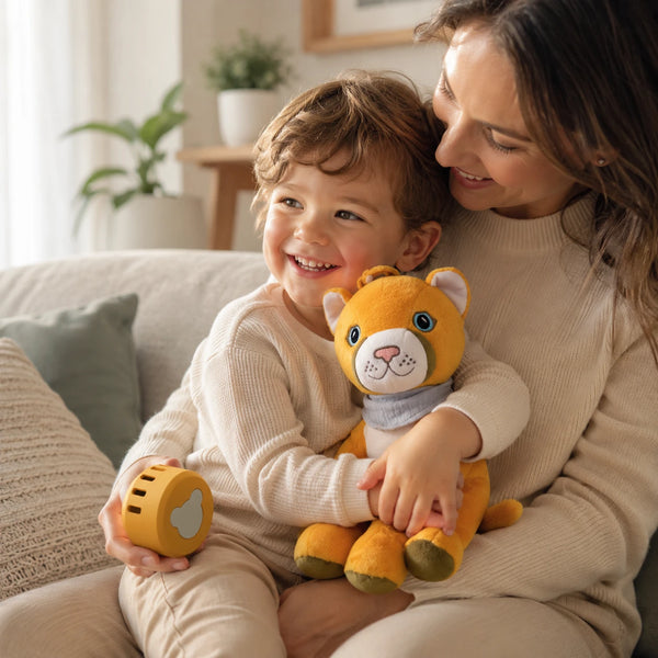 Kind sitzt auf dem Schoß der Mutter und kuschelt mit Lenabie Tali die Puma-Dame in einem gemütlichen Wohnzimmer. Die Mutter hält den Lenabo Smart Speaker. Das interaktive Audio-System für Kinder von 0 bis 7+ Jahren ermöglicht Hörspiele, Musik und Kindergeschichten in einer warmen und familienfreundlichen Umgebung.
