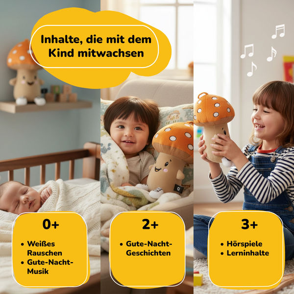 Lenabie Felix (Pilz) als mitwachsendes Audio-Kuscheltier für Babys und Kinder – von weißem Rauschen und Gute-Nacht-Musik (0+) über Gute-Nacht-Geschichten (2+) bis zu Hörspielen und Lerninhalten (3+), kompatibel mit dem Lenabo Smart Speaker